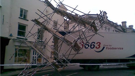 Lorry wipes out scaffolding in Dorchester