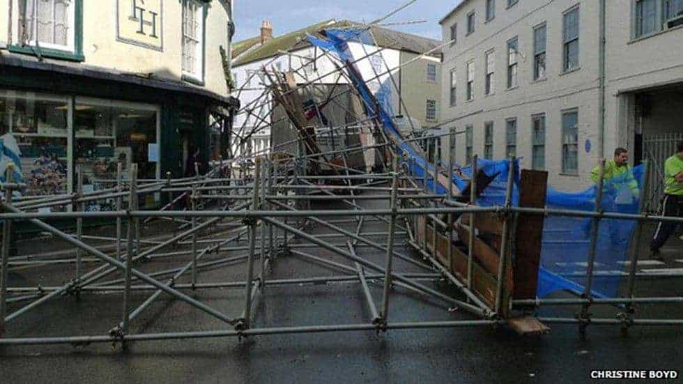 Scaffolding ripped off building by lorry