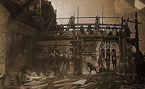 History of Scaffolding -A rare photo of scaffolding workers using wooden poles c1900