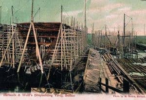 History of Scaffolding - An old postcard showing heavy maritime scaffolding at harland wolffs shipyard-belfast