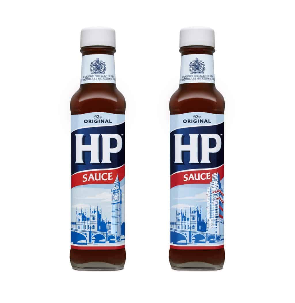 HP Sauce old and new showing Big Ben / Houses of Parliament