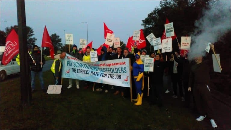 Scaffolders march in second week of all-out strikes