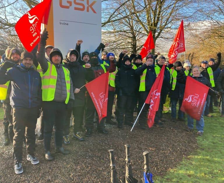 Starting today, Scaffolders and other trades at the GSK plant in Irvine employed by contractor Kaefer Limited will go on strike for a week in a dispute over bonus payments. 