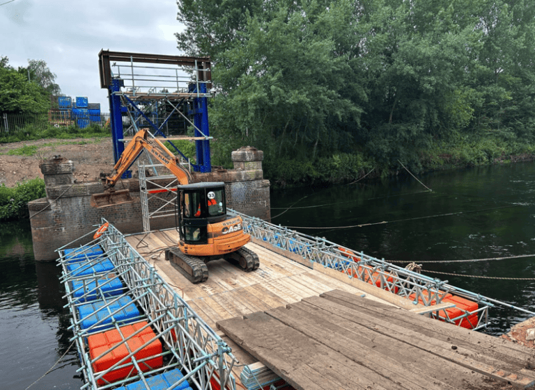 In an industry-first, specialist contractors have utilised a floating bridge crafted entirely from standard scaffolding to complete the demolition of the Hams Hall Bridge over the River Tame in Birmingham.