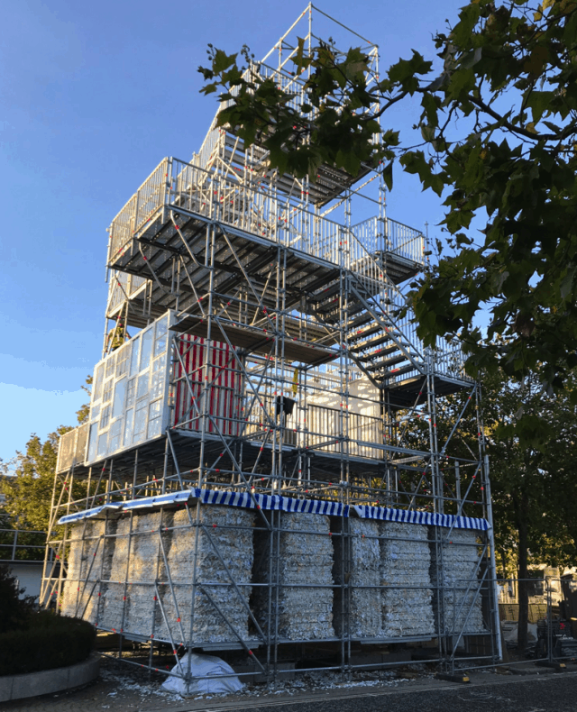 Scaffold with medical records used to weigh the scaffolding down