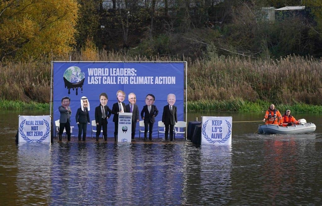 The sunken protest pontoon installed this morning at COP26 in Glasgow. 