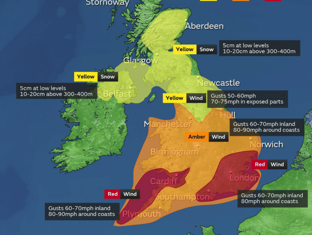 Weather experts are warning the whole of the UK will be affected by extremely strong and damaging winds today.