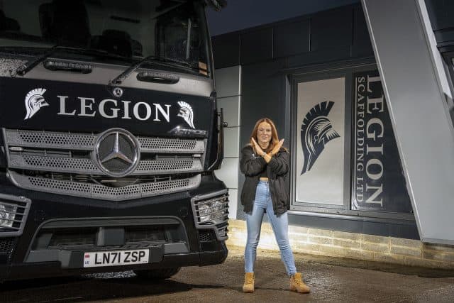 Victoria Boyle is doing her bit for gender equality after taking on the responsibility for running Legion Scaffolding’s Mercedes-Benz trucks.