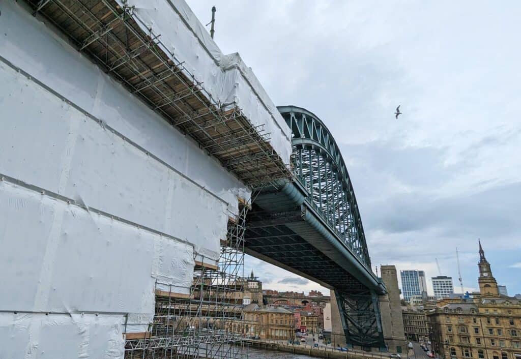 Extensive scaffolding project of the Tyne Bridge Restoration, providing access for maintenance works and structural repairs.