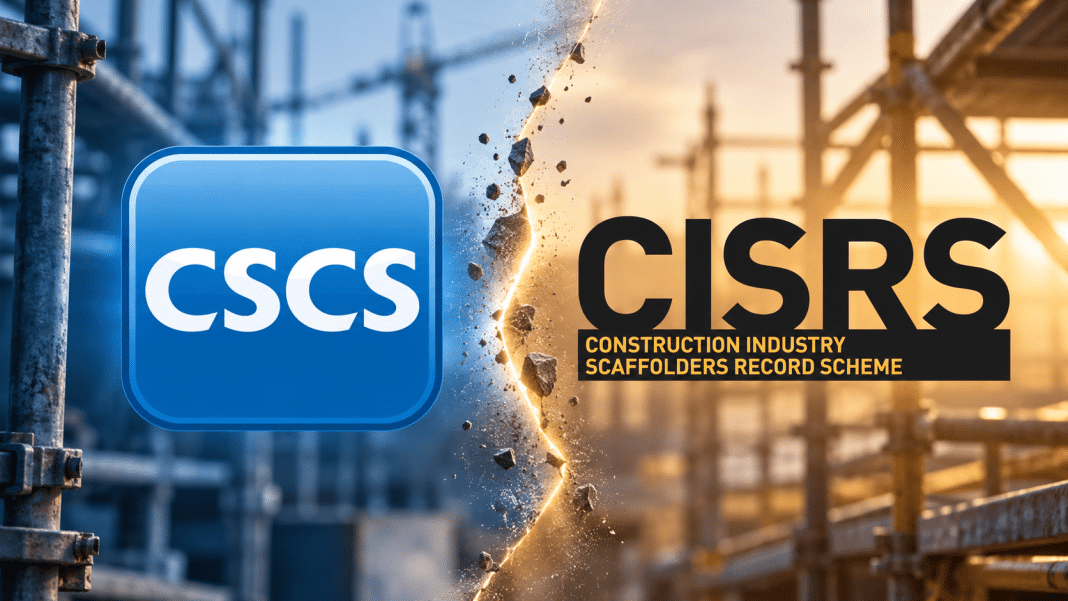Illustration of CSCS and CISRS logos separated by a split, with scaffolding in the background