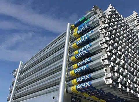 Stacks of AFIX-branded scaffold components